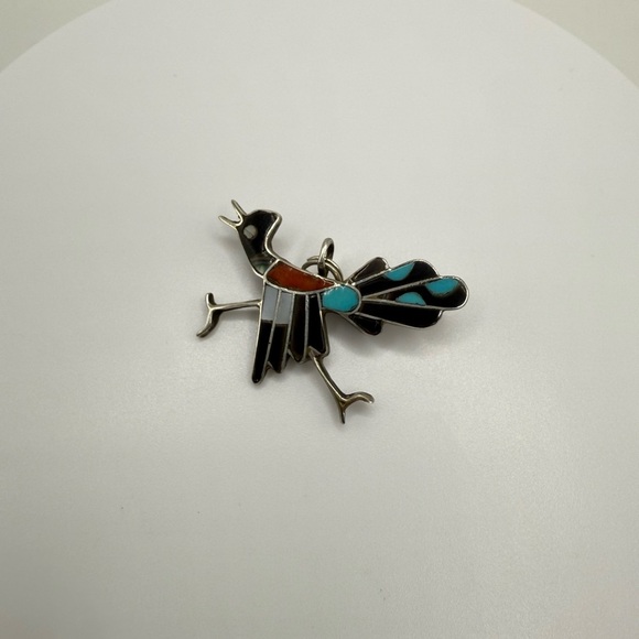 ZUNI pin pendant Sterling Mosaic Road Runner signed C. Dishta OLD vtg. SS - Picture 1 of 4
